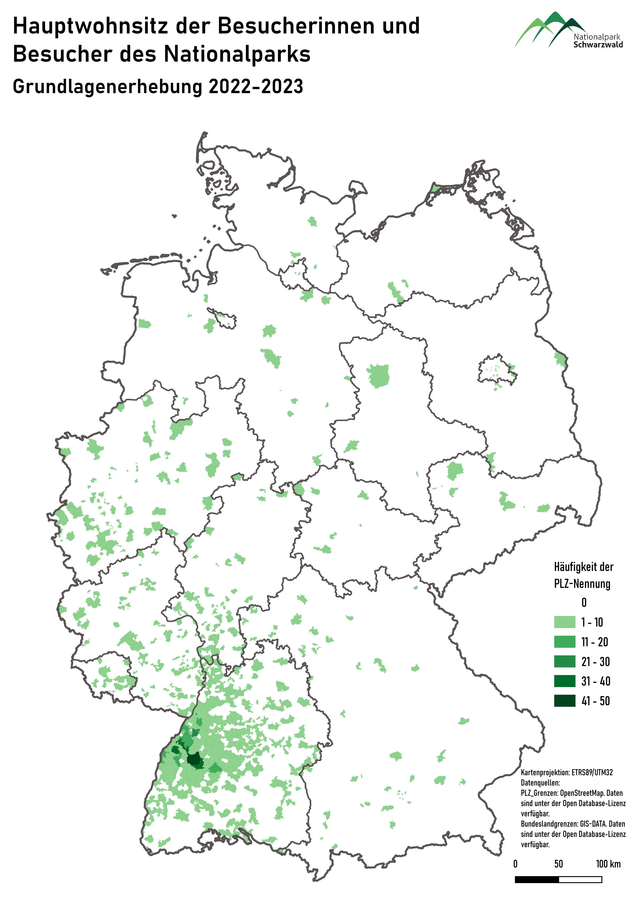 Abb.1: Herkunft der Besuchenden ©Christoph Dreiser Eine Deutschlandkarte. In grün ist die Herkunft der Besucherinnen und Besucher des Nationalparks dargestellt. Die meisten grünen Flächen sind in Baden-Württemberg zu erkennen.