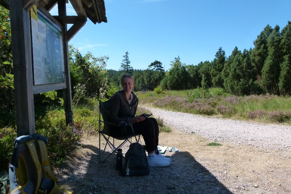 Eine Interviewerin am Befragungsstand am Ausgang Wilder See. © Mareike Garms (Nationalpark Schwarzwald) Eine Frau sitzt am Wegesrand, im Hintergrund eine Infotafel. Foto: Mareike Garms