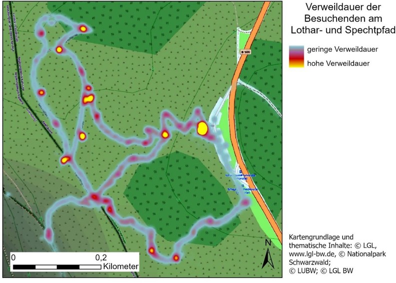 Auf der Karte vom Lothar- und Spechtpfad ist die Verweildauer der Gäste eingezeichnet. An bestimmten Stellen, zum Beispiel bei Sitzmöglichkeiten und Orientierungspunkten, ist die Verweildauer hoch.