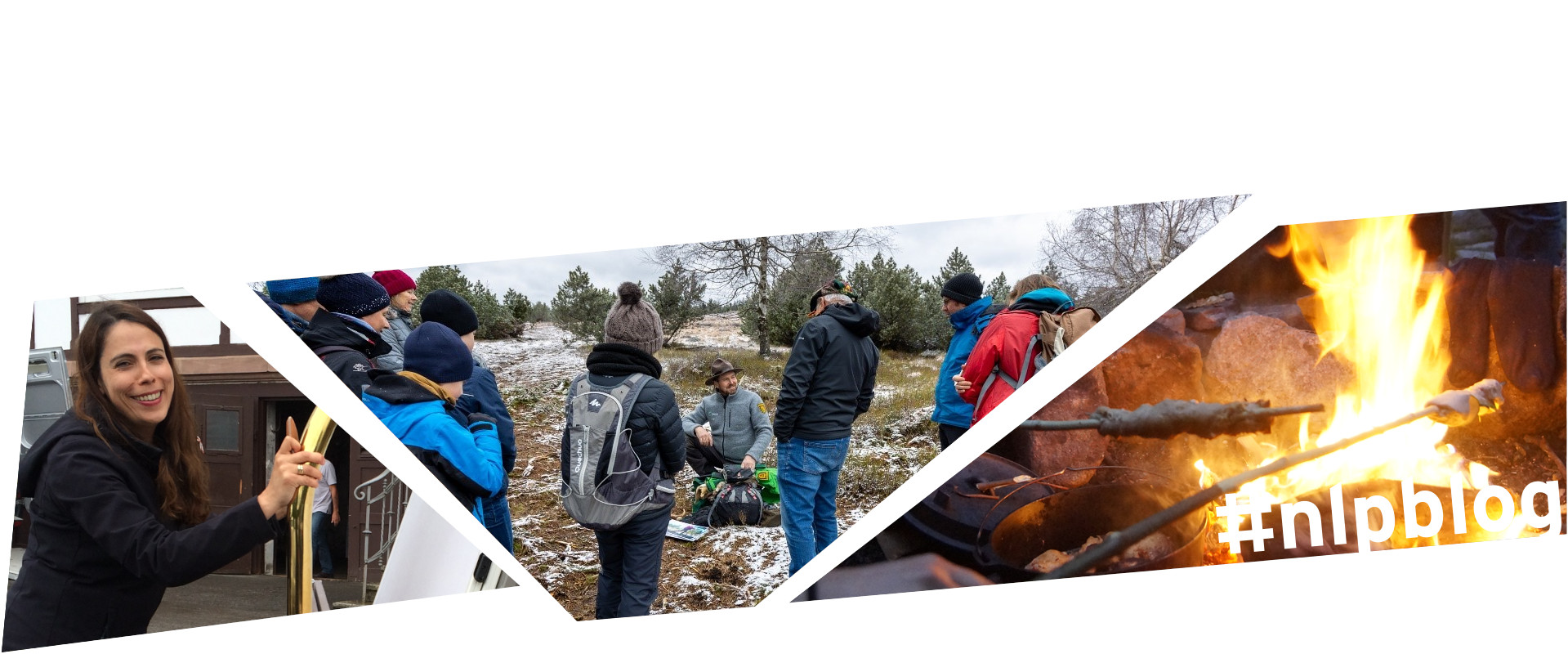 Eine Frau mit langen braunen Haaren schiebt einen Gepäckwagen, Menschen stehen auf einer vereisten Fläche um einen Ranger, ein Lagerfeuer. Fotos: Andreas Forch, Nationalpark Schwarzwald