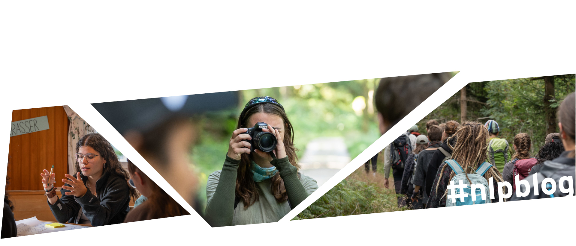 Collage aus drei Bildern: Eine Frau erklärt etwas mit Handgesten, eine Frau mit einer Fotokamera, Eine Gruppe im Wald. Fotos: Vanessa Peter