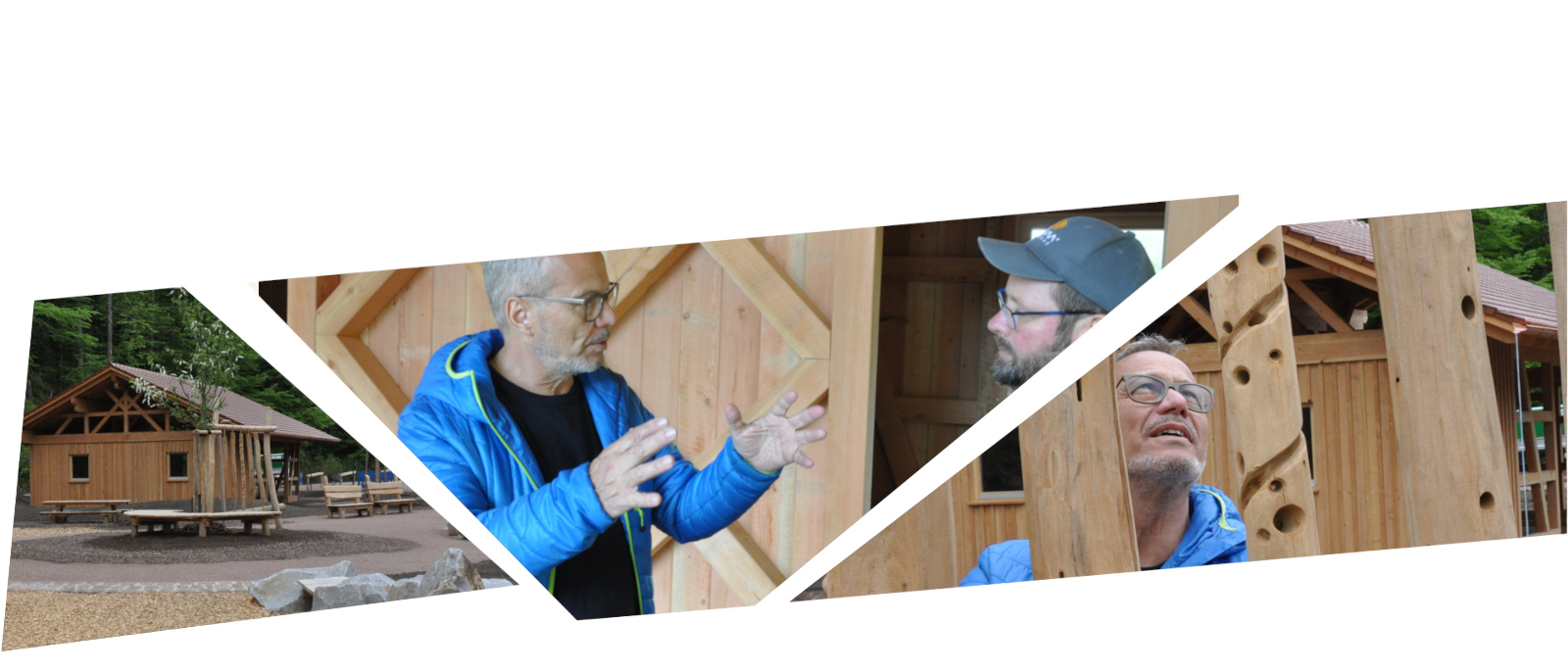 Eine Collage aus drei Bildern: Eine Hütte, Zwei Männer im Gesprach, ein Mann schaut nach oben, hinter ihm eine holzerne Hütte. Fotos: Iris Lemanczyk