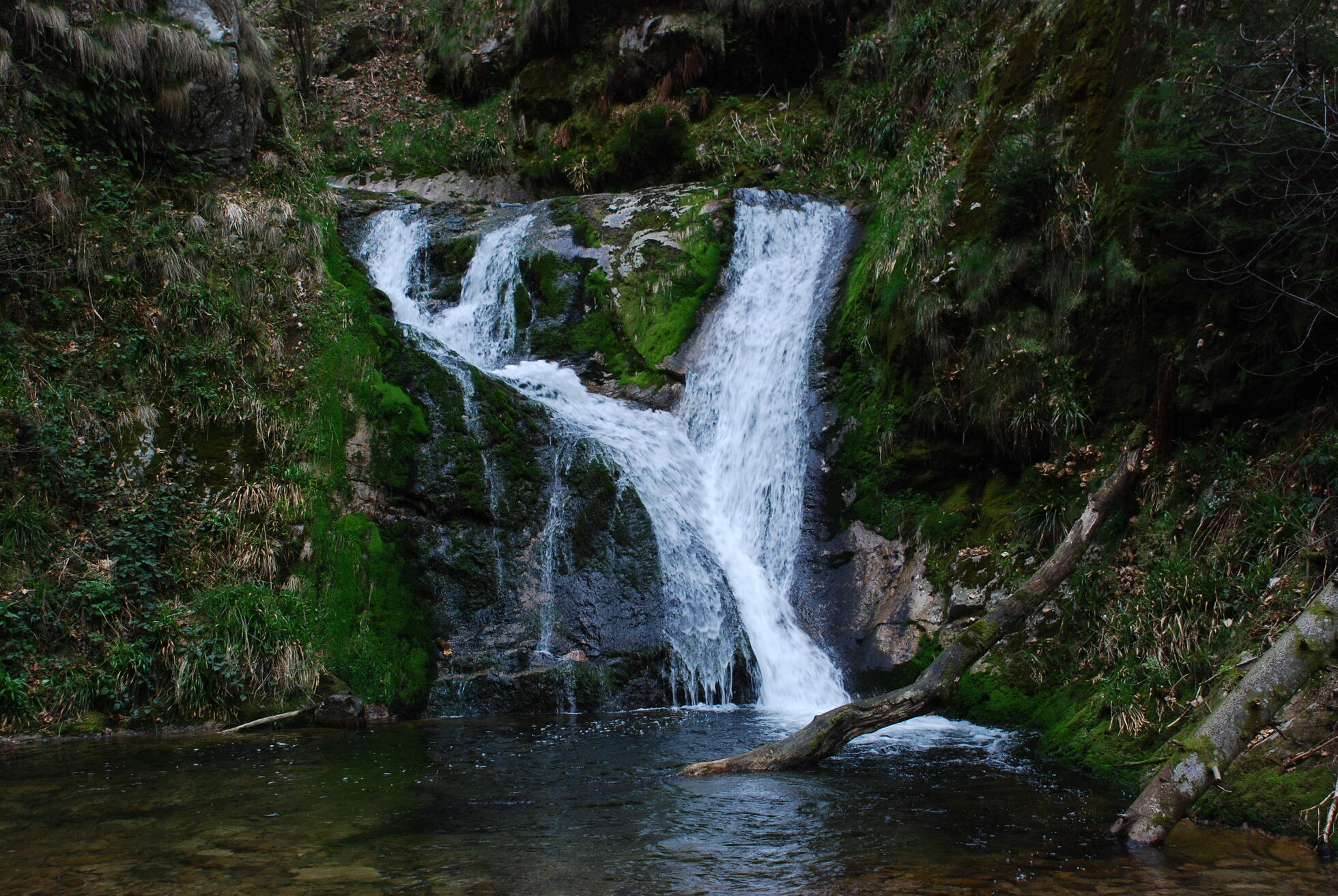 Wasserfall an einer grünbewachsenen Felswand, unten sammelt sich das Wasser. Foto: Charly Ebel
