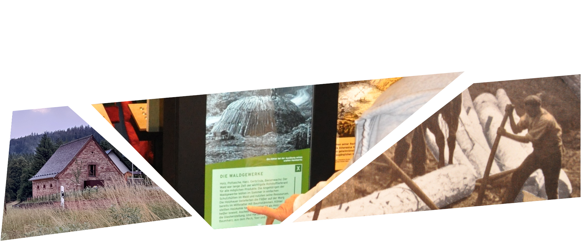 Collage aus drei Bildern: Haus, Bildschirm mit digitaler Anzeige, altes Bild von einem Holzhauer. Fotos: Iris Lemanczyk