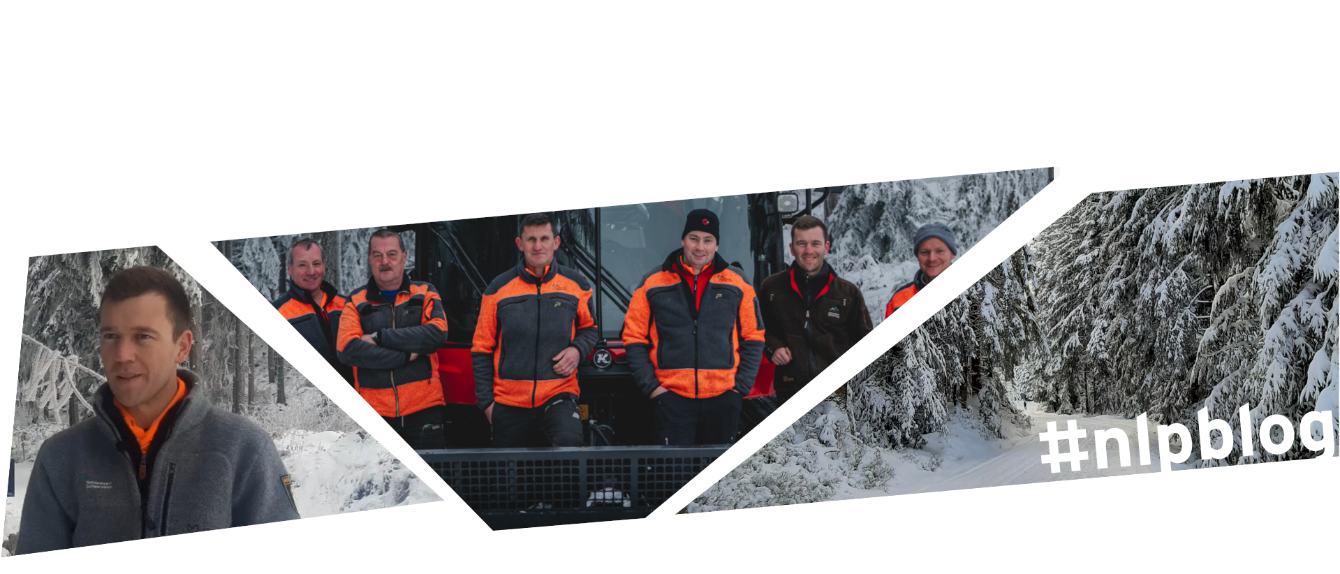 Collage aus drei Bildern: Ein Mann in grauer Jacke, sechs Männer in orangen Jacken vor einem Schneefahrzeug, ein verschneiter Weg. Foto: Tim Tschöpe